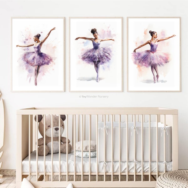 Black Ballerina Wall Art, Set of 3 Ballet Posters, Instant Digital Download Prints, Baby Girl Nursery Decor, Gift for Her, Purple Ballerina