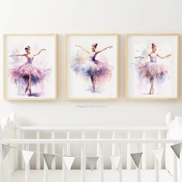 Purple Ballerina Wall Art, Set of 3 Ballet Posters, Instant Digital Download Prints, Baby Girl Nursery Decor, Gift for Her, Ballet Dancer