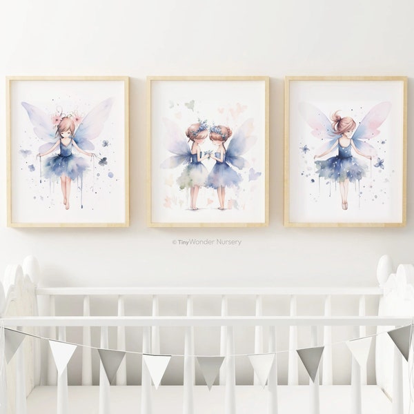 Ballerina Wall Art, Set of 3 Blue Fairy Posters, Instant Digital Download Prints, Baby Girl Nursery Decor, Gift for Her, Ballet Dancer Art