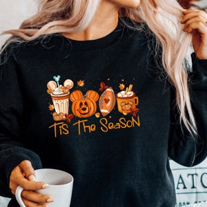 Mickey Ears Disney Halloween Coffee Tis The Season Sweatshirt, Disney Fall Thanksgiving Pumpkin Coffee Latte Sweatshirt, Disneyland Pumpkin