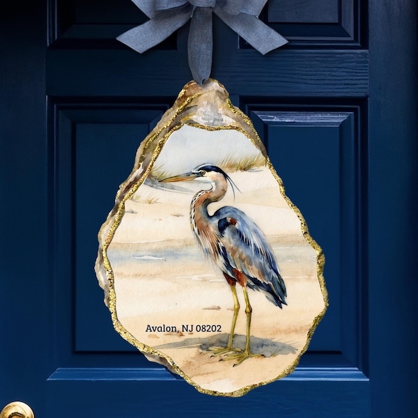 Coastal Heron Oyster Door Hanger | Watercolor Beach House Sign