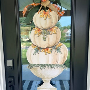 FALL DOOR DECOR, Topiary White Pumpkin Door Hanger, Fall Door Hanger, Fall Wreath, Stacked Pumpkins, Pumpkin Sign, Autumn Door Hanger