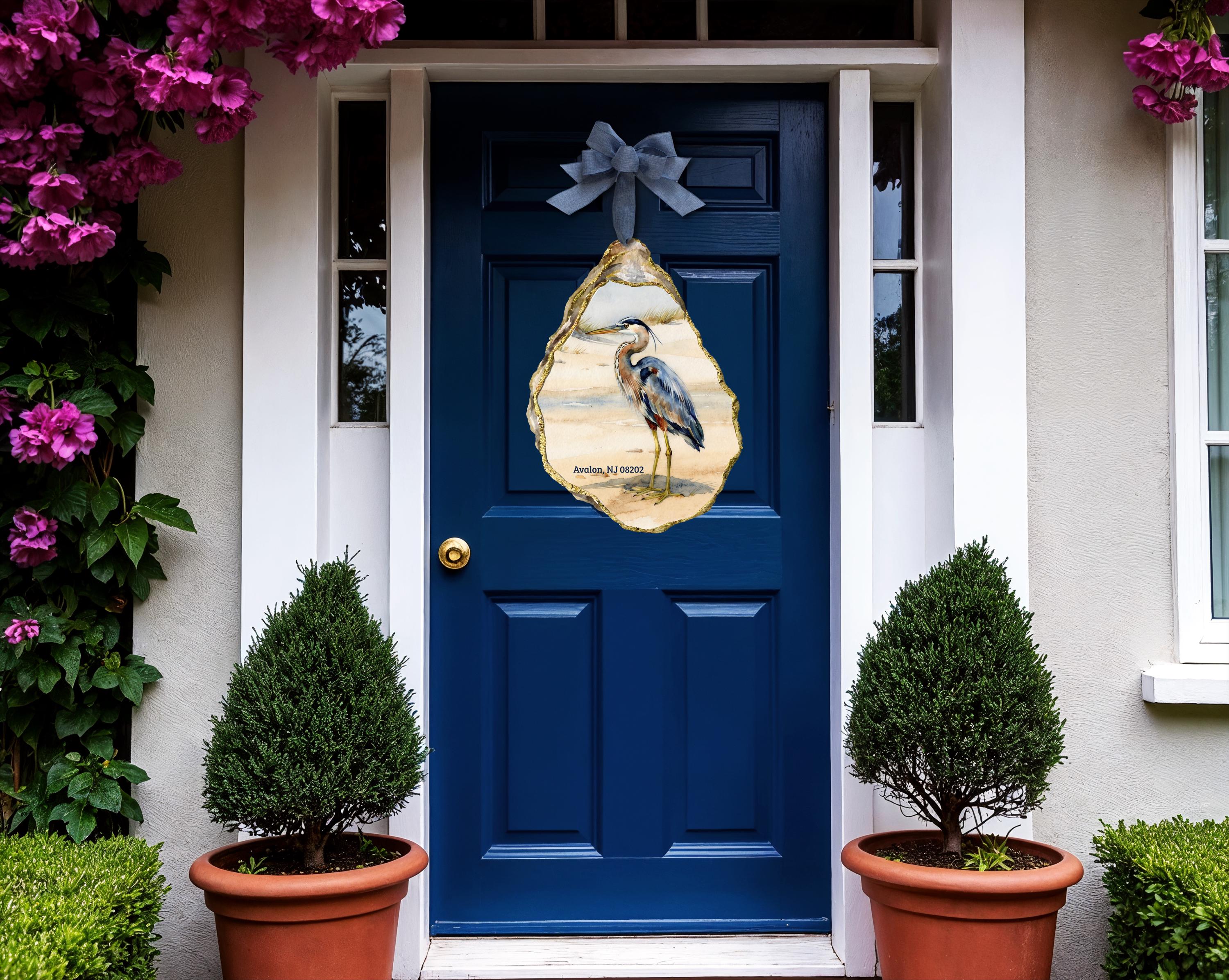 Coastal Heron Oyster Door Hanger | Watercolor Beach House Sign - Etsy