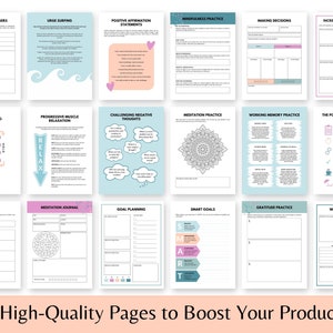 Puede incluir: Un conjunto de p&aacute;ginas imprimibles para la productividad, que incluyen plantillas para la atenci&oacute;n plena, la toma de decisiones y la pr&aacute;ctica de la gratitud. Las p&aacute;ginas tienen un dise&ntilde;o limpio con colores pastel y el texto "80+ High-Quality Pages to Boost Your Productivity".
