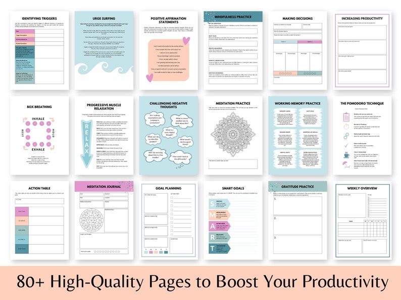 Puede incluir: Un conjunto de p&aacute;ginas imprimibles para la productividad, que incluyen plantillas para la atenci&oacute;n plena, la toma de decisiones y la pr&aacute;ctica de la gratitud. Las p&aacute;ginas tienen un dise&ntilde;o limpio con colores pastel y el texto "80+ High-Quality Pages to Boost Your Productivity".