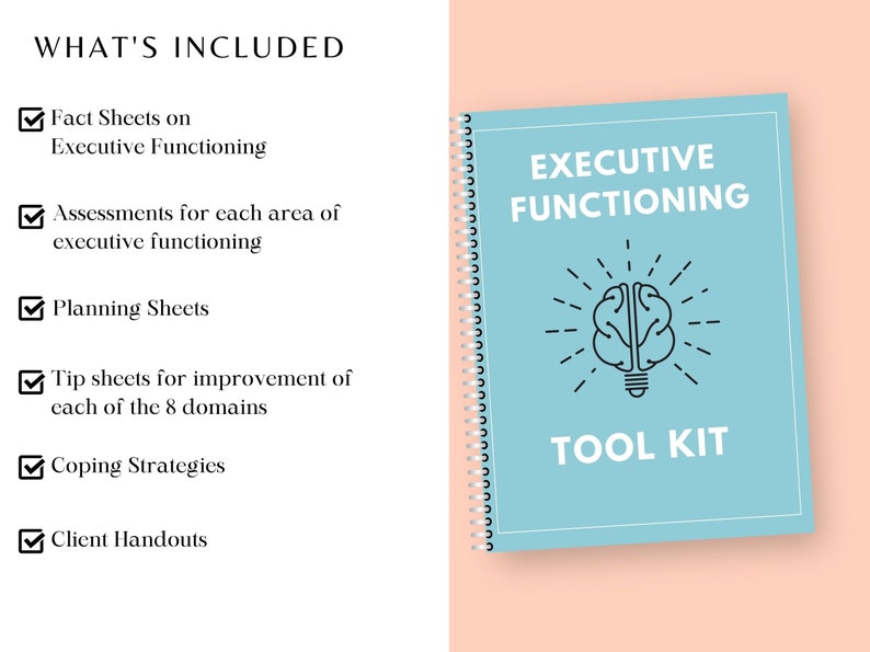 Puede incluir: Un folleto azul claro con espiral titulado "EXECUTIVE FUNCTIONING TOOL KIT" con un cerebro y un gr&aacute;fico de bombilla. La imagen tambi&eacute;n incluye una lista de elementos incluidos: hojas informativas, evaluaciones, hojas de planificaci&oacute;n, hojas de consejos, estrategias de afrontamiento y folletos para clientes.