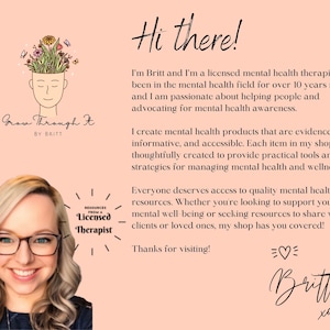 Puede incluir: Imagen promocional con el texto "Hi there!" y "Grow Through It by Britt." La imagen presenta a una mujer sonriente con gafas y un logotipo de una cabeza con flores. El texto describe productos de salud mental.