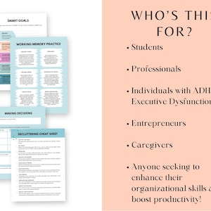 Puede incluir: Un conjunto de hojas de trabajo imprimibles con t&iacute;tulos como "Objetivos SMART", "Pr&aacute;ctica de la memoria de trabajo" y "Hoja de trucos para ordenar". El texto "&iquest;Para qui&eacute;n es esto?" se muestra, seguido de una lista de audiencias objetivo.