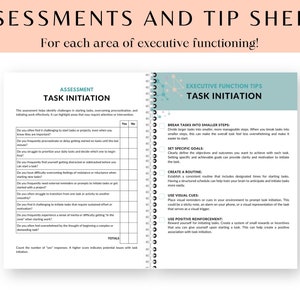 Puede incluir: Un cuaderno encuadernado en espiral con p&aacute;ginas tituladas "Evaluaciones y hojas de consejos". La p&aacute;gina izquierda es una evaluaci&oacute;n de inicio de tareas con columnas "S&iacute;" y "No". La p&aacute;gina derecha ofrece consejos.
