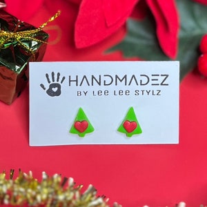 Grinch Christmas Tree Stud Earrings || Holiday Jewelry