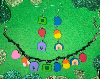 Lucky Clay Charms Dangle Earrings & Charm Bracelet/Anklet | Cereal Marshmallows | St. Patrick's Day Accessories | Realistic Food Jewelry
