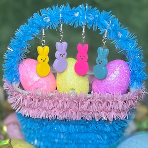 Easter Peep Bunny Dangle Earrings | Easter Accessories | Spring Jewelry | Marshmallow Bunnies Dangles | Food Candy Miniatures