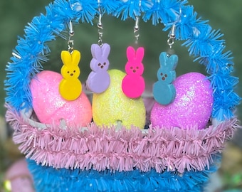 Easter Peep Bunny Dangle Earrings | Easter Accessories | Spring Jewelry | Marshmallow Bunnies Dangles | Food Candy Miniatures