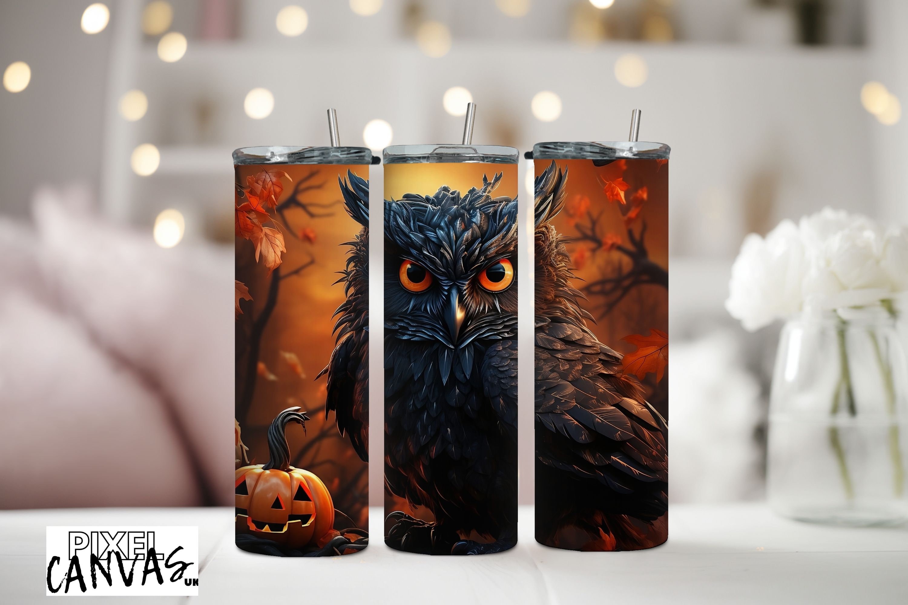 Spooky Owl Halloween Decorative 20 oz Skinny Tumbler Sublimation Design,Tumbler Wrap PNG, Digital Do