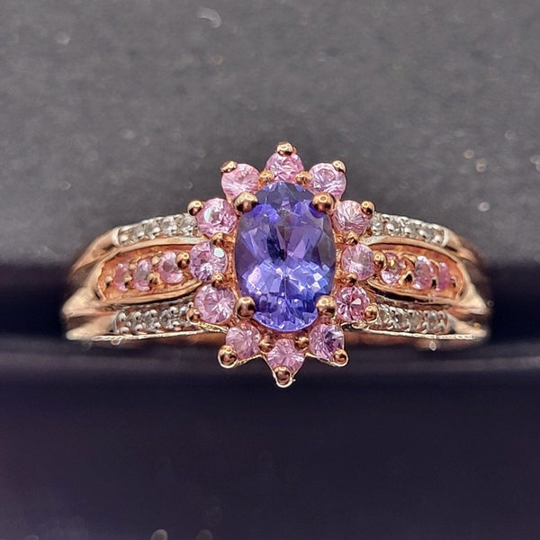 D'joy AA Tanzanite Pink Sapph Ring White Zircon Rose Gold Vermeil Ovr 925 Sz7.25