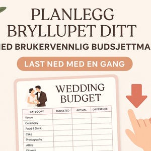 May include: A wedding budget template with the title "WEDDING BUDGET" is displayed on a light peach background. The template includes sections for category, budgeted, actual, and difference. The text "PLANLEGG BRYLLUPET DITT" is at the top.