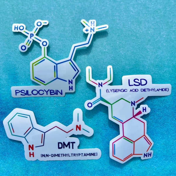 Psychedelic Drugs labeled Stickers | Colorful Chemical Structure | set of 3 | DMT, psilocybin, LSD | waterproof decal | |  laptop, bottle