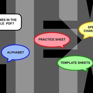 K&ouml;nnte beinhalten: Ein Schwarzwei&szlig;bild mit einer Sprechblase, die "What comes in the printable PDF?" sagt. Die Sprechblase zeigt auf einen grauen Hintergrund mit vier weiteren Sprechblasen. Die Sprechblasen sind mit "Alphabet", "Practice Sheet", "Template Sheets" und "Special Characters" beschriftet.