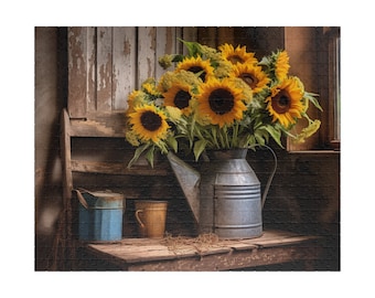 Rustic Sunflower Bouquet Jigsaw Puzzle for Adults Relaxing 1000 Piece Family Fun Puzzle Gift for Mom Dad Grandparent 110 252 500 1014 Sizes
