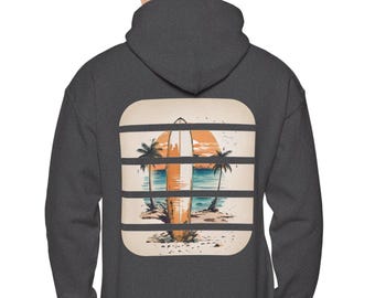 May include: Dark gray hoodie with a graphic of a surfboard, palm trees, and a sunset. The design is in a rectangular shape on the back of the hoodie. The hoodie has a hood and a drawstring.