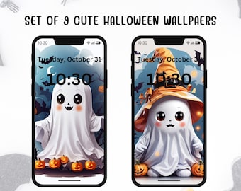 Cute Ghost Halloween Wallpaper for Iphone | Phone background Cute Ghost | Set of 9 Phone lock screen wallpapers | Halloween Wallpaper