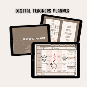 Pode incluir: Planeador digital para professores com um horário semanal, notas e abas de índice. O planeador está em um tablet com um fundo marrom e um design geométrico.