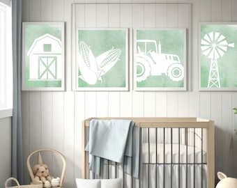 Decoración de pared para niños con temática de granja / Arte de pared con tractor / Arte de pared con granero / Arte de pared con molino de viento / Decoración de pared para habitación de niños con maquinaria agrícola / Maquinaria agrícola imprimible