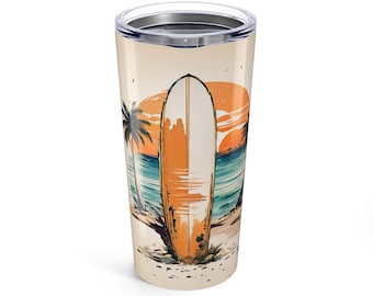 Vaso Surf Vibe: Taza de viaje de acero inoxidable de 590 ml (20 oz) - Diseño de puesta de sol en la playa