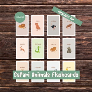 15 Safari Animals Flashcards, Animal Flash cards, Montessori, Learning, Digital print, Educational Printable Cards, INSTANT DOWNLOAD