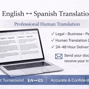 以下が含まれることがあります： 英語からスペイン語への翻訳サービスを表示するラップトップ。画面には2つの列にテキストが表示され、上部には「English」と「Spanish」という単語があります。画像には「Professional Human Translation」と「Fast Turnaround」というテキストが含まれています。