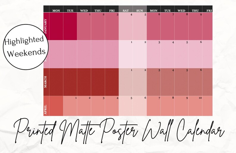 2025 Yearly View Wall Calendar Matte Horizontal Posters, Primary Color