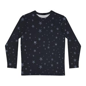May include: A long-sleeved shirt with a dark blue background and a white star pattern.