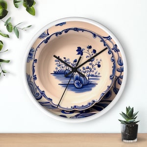 Horloge murale ronde classique hollandaise, scène de plat de Delft bleu blanc noir et blanc, bordure en bois, horloge à thème vintage, pièce d&#39;horlogerie, décoration d&#39;intérieur, cadeau de pendaison de crémaillère