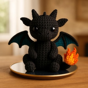 May include: A handmade black crochet dragon with large, round eyes and teal-lined wings. The dragon is seated on a small, round mirrored tray with a gold rim. A small, crocheted flame sits beside the dragon.