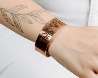 Personalized Sirius,Sri Yantra,Valknut, Seal of Solomon Copper Bracelet,Adjustable Healing Copper Bangle,Magnetic Large Copper Cuff