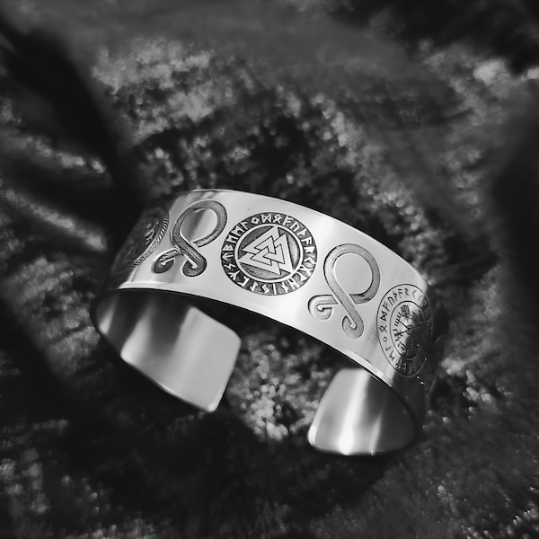 Viking Rune Silver Bracelet ,Nordic Symbol Engraved Bangle, Handmade Pagan Jewelry, Historical Runes,Warrior Bracelet"