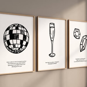 Juego de 3 impresiones minimalistas de Taylor: Folklore, Evermore, Midnights, Mirrorball, Champagne Problems, Bejeweled Swift, arte de pared personalizable