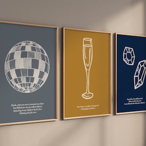 Juego de 3 impresiones minimalistas de Taylor: Folklore, Evermore, Midnights, Mirrorball, Champagne Problems, Bejeweled Swift, arte de pared personalizable