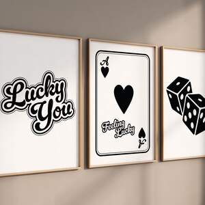 Trendy retro muurkunst set van 3, Lucky You-poster, print aas van de koningin, retro tekstposter, funky muurkunst set, speelkaartposterkunst