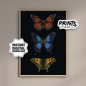 Black Butterfly Print | Boho Butterflies, Trendy Aesthetic Butterfly Wall Art | Teenage Room, College Apartment Dorm Art | Retro Room Decor