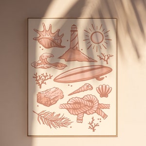 Pink Coastal Cowgirl Decor, Seashell Art, Beachy Room Decor, Surf Poster, Maximalist Wall Art, Preppy Dorm Decor College Girls, Beach House