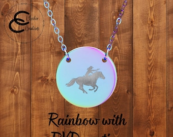 Cowgirl Mounted Shooter Circle Necklace | Engraved Round Pendant