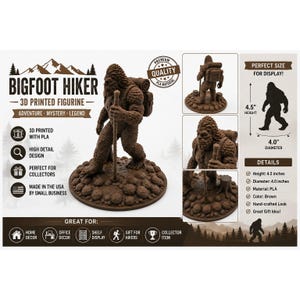 Bigfoot Hiker Figurine, Brown 3D Printed Sasquatch Statue, 4.5 Inch Cryptid Decor, Made in USA
