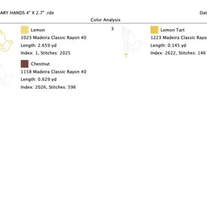 May include: Color analysis chart for a design called "ROSARY HANDS" that is 4 inches by 2.7 inches. The chart shows three colors: Lemon, Chestnut, and Lemon Tart. Each color is listed with its corresponding thread number, length in yards, index number, and number of stitches.