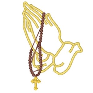 May include: A pair of hands in a praying position with a brown rosary and a gold cross.