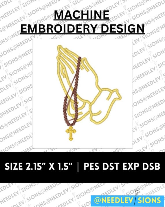 Praying Hands Embroidery Design: Rosary & Cross (2.15" x 1.5" Zip File)