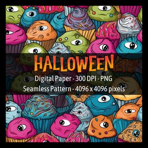 May include: A seamless pattern featuring colorful cupcakes with googly eyes. The cupcakes are decorated with sprinkles, frosting, and other Halloween-themed designs. The background is a dark blue color. The text "HALLOWEEN" is written in orange letters at the top of the pattern. The text "Digital Paper - 300 DPI - PNG" is written in white letters below the word "HALLOWEEN". The text "Seamless Pattern - 4096 x 4096 pixels" is written in white letters below the text "Digital Paper - 300 DPI - PNG".