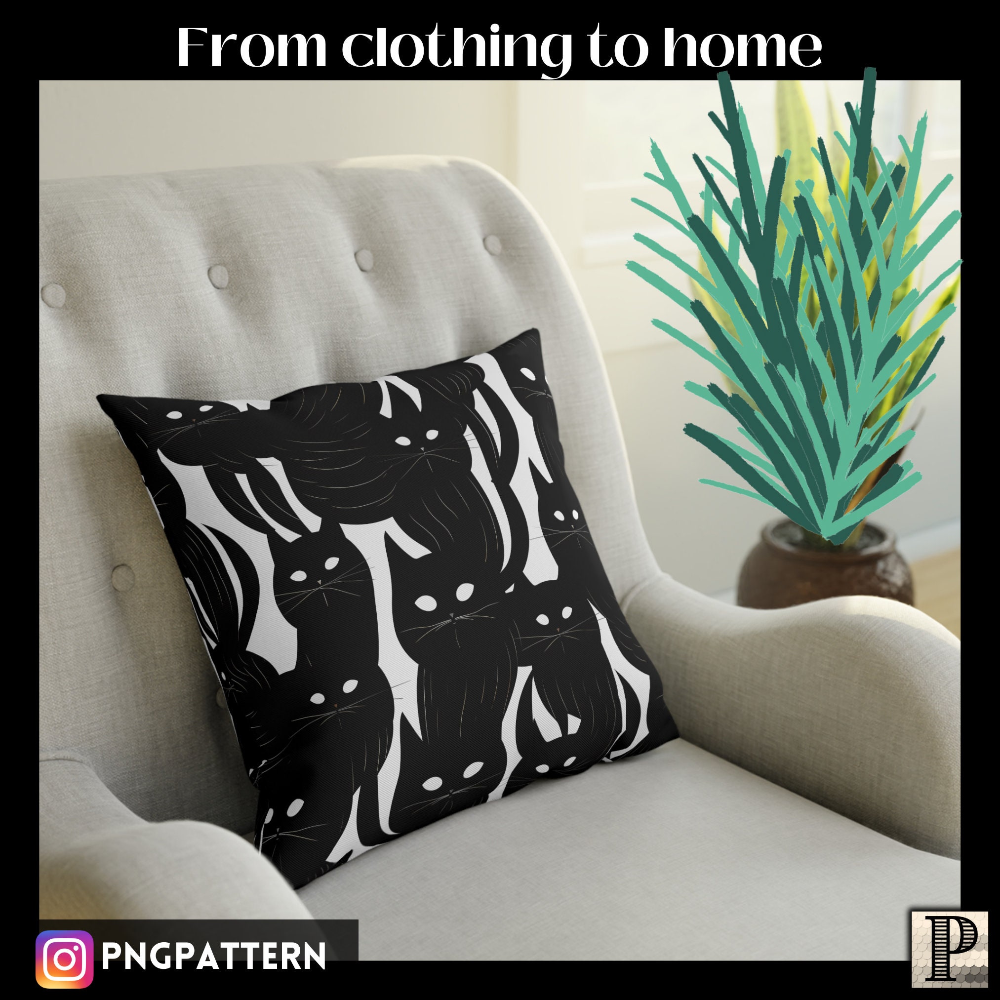 Halloween Cat Black White Seamless Pattern Spooky Printable Digital ...