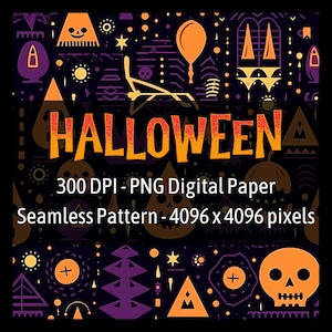 May include: A seamless Halloween digital paper pattern with a black background and orange, yellow, and purple geometric shapes. The pattern includes pumpkins, skulls, stars, and other Halloween-themed elements. The text "HALLOWEEN" is in the center of the image. The text "300 DPI - PNG Digital Paper" and "Seamless Pattern - 4096 x 4096 pixels" is below the text "HALLOWEEN".