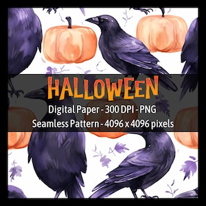 May include: A seamless pattern featuring black crows and orange pumpkins on a white background. The text "HALLOWEEN" is written in orange and red letters. The pattern is 4096 x 4096 pixels and 300 DPI.